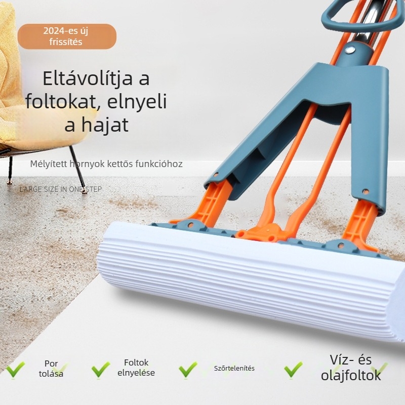 Összecsukható szivacs mop kinyomó mechanizmussal és teleszkópos fogantyúval, 120 cm-es hosszúságú érintés nélküli padlótisztítás