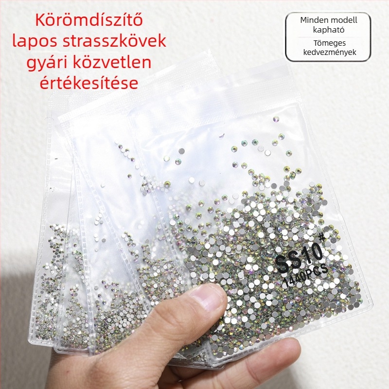 Körmök díszítésére szolgáló kövek: sík hátú osztrák kristály AB, irizáló üvegkristályok, kevert méretek, átlátszó fehér kövek