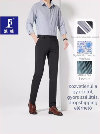 Férfiak számára fekete tavaszi nadrág, egyenes szabás, kényelmes nyújtható anyag