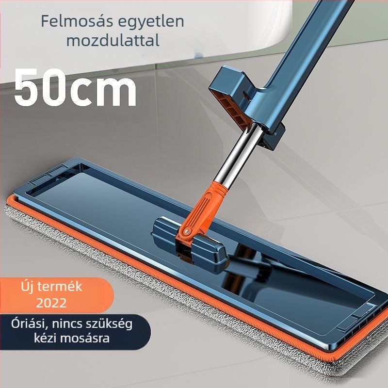 50 cm-es nagy méretű háztartási lapos mop száraz és nedves tisztításhoz – kétfunkciós használat, mikroszálas kendő, rozsdamentes acél nyél, görgős kinyomó mechanizmus