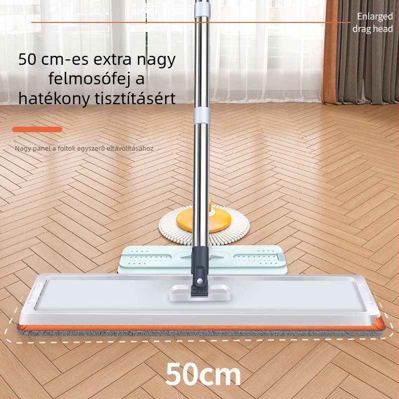 Otthoni használatra tervezett mop, 50 cm, száraz és nedves tisztítás, érintésmentes használat, lapos fej forgó tárolóval