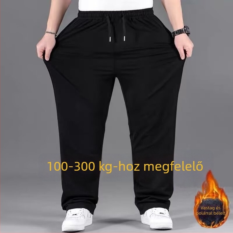 Férfi téli nadrág fleece-béléssel, egyenes szabású, laza fazon, plusz méret, hosszú, mindennapi viselet