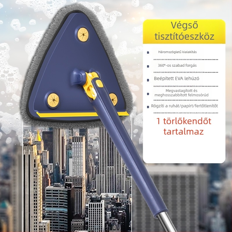 Nagy háromszög alakú felmosó a falak és az üvegek tisztítására, 360°-os forgó fej, kéz nélküli kifacsarás