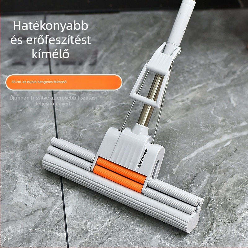38 cm-es duplagörgős szivacs mop, háztartási használatra, kéz nélküli kinyomás, görgős működés, gumírozott-pamut fej