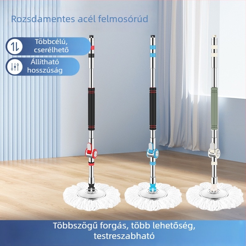 Rozsdamentes acélból készült forgó, univerzális mopnyél, teleszkópos kivitel, kézi működtetés, hosszabbított és vastagított mopnyél a fejhez.