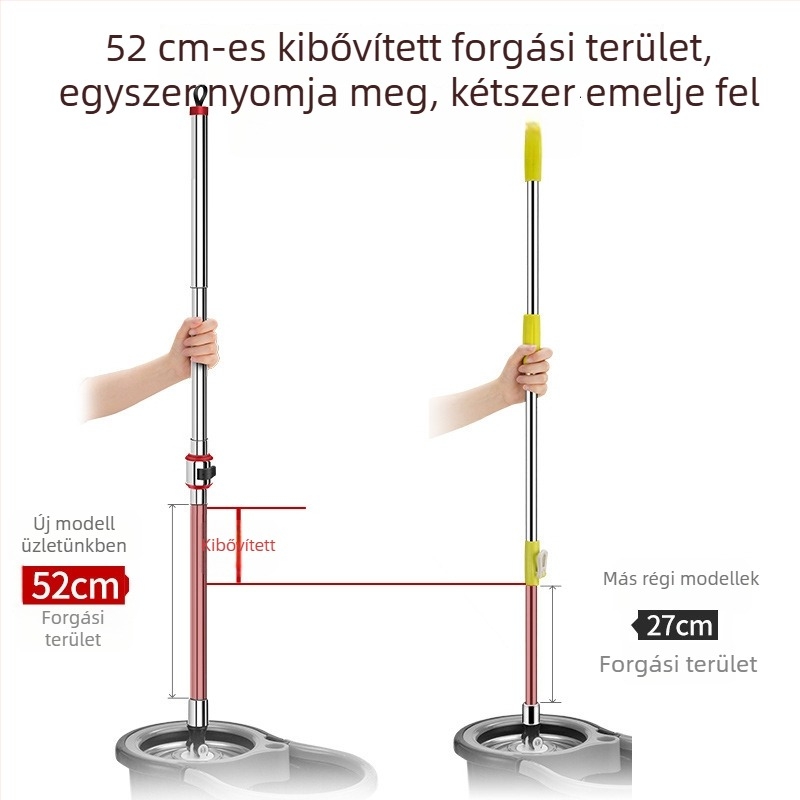 Rozsdamentes acélból készült forgó, univerzális mopnyél, teleszkópos kivitel, kézi működtetés, hosszabbított és vastagított mopnyél a fejhez.