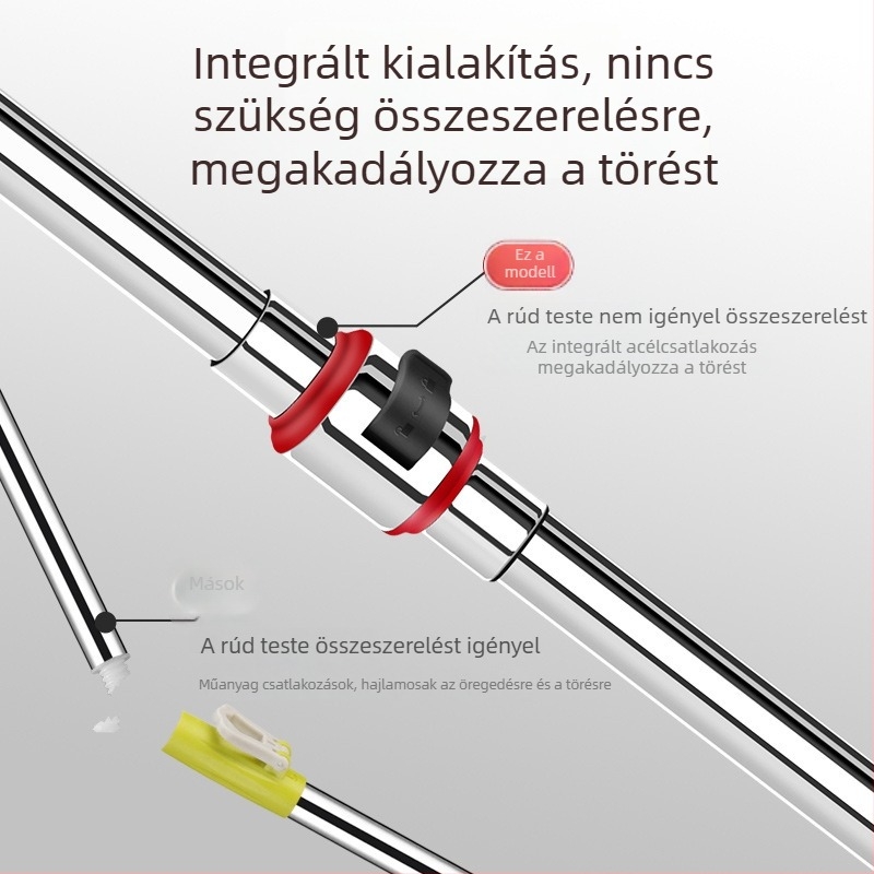 Rozsdamentes acélból készült forgó, univerzális mopnyél, teleszkópos kivitel, kézi működtetés, hosszabbított és vastagított mopnyél a fejhez.