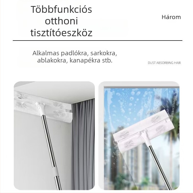 Sík kendővel ellátott mop, megerősített rozsdamentes acélrúddal, masszív és tartós, nagy méretű háztartási használatra.