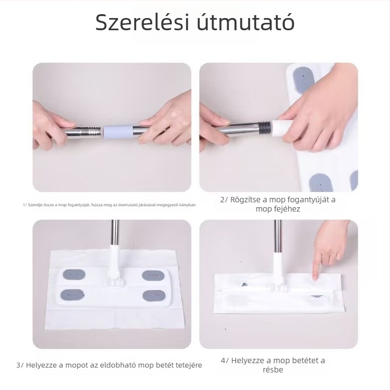 Sík kendővel ellátott mop, megerősített rozsdamentes acélrúddal, masszív és tartós, nagy méretű háztartási használatra.
