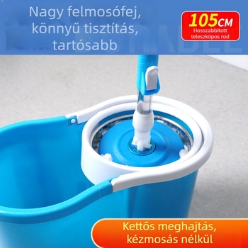 Kettős hajtású mop háztartási használatra, kettős vödör rendszer a száraz és nedves tisztításhoz, rozsdamentes acél centrifugáló kosár, forgó mop