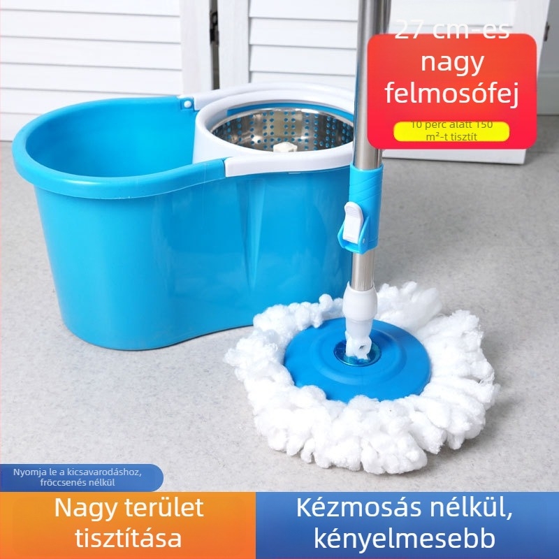 Kettős hajtású mop háztartási használatra, kettős vödör rendszer a száraz és nedves tisztításhoz, rozsdamentes acél centrifugáló kosár, forgó mop