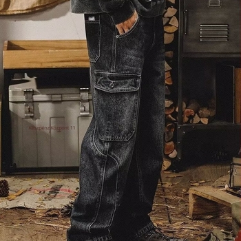 Férfiaknak készült amerikai stílusú retro denim nadrág, egyenes szabás, laza fazon, plusz méret, kopott felület, ősz–tél, több zseb, széles lábú nadrág