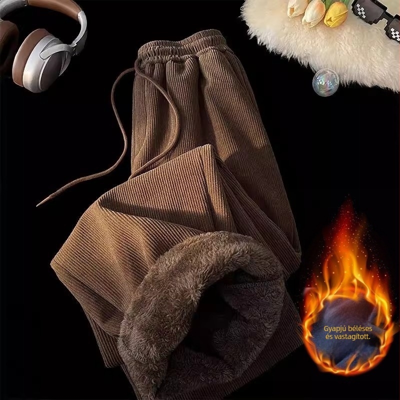 Férfiaknak szóló fleece-béléssel, vastag báránygyapjú nadrág, ősz-tél, egyenes és széles lábszárú corduroy hosszú nadrág