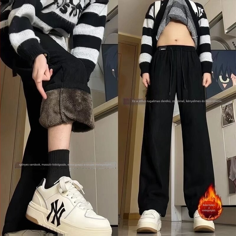 Férfiaknak szóló fleece-béléssel, vastag báránygyapjú nadrág, ősz-tél, egyenes és széles lábszárú corduroy hosszú nadrág