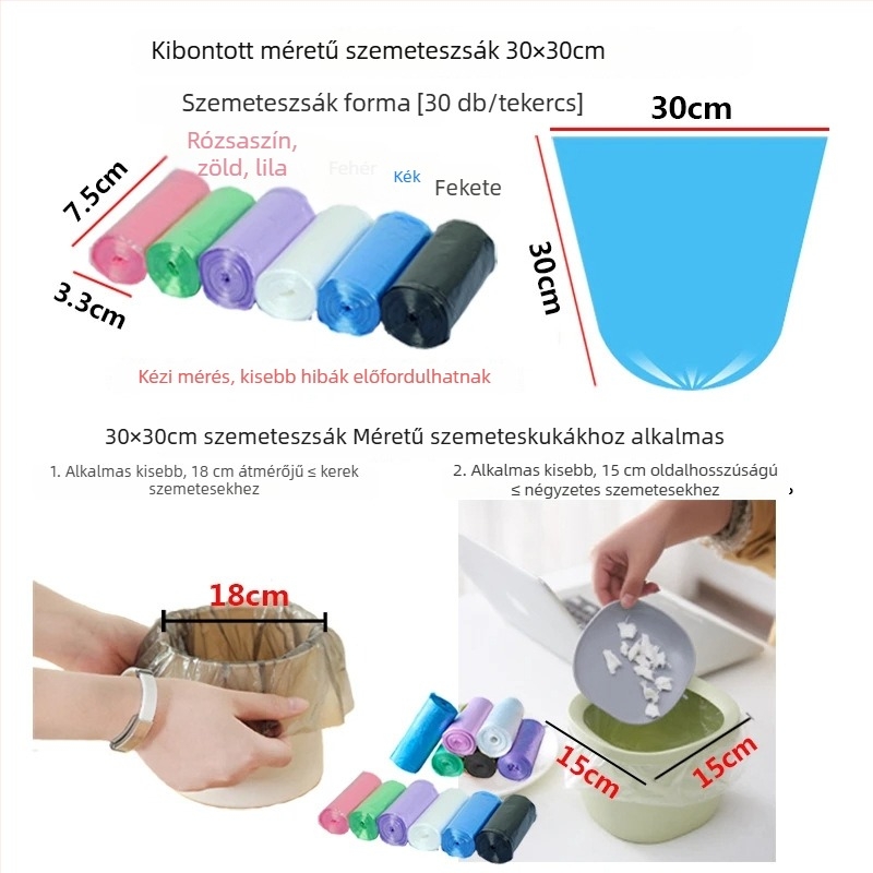 30x30 cm vastagabb lapos szájú szemeteszsákok, mini tekercs, több színű, kis méretű műanyag zacskókhoz asztalra, autóba és otthonra