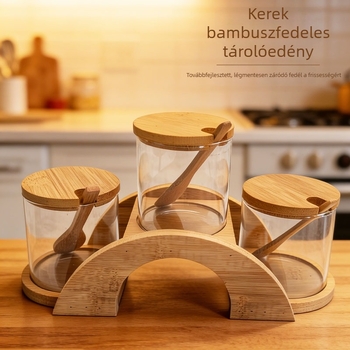 Három darabos üvegfűszertartó készlet bambuszfedőkkel és kanállal