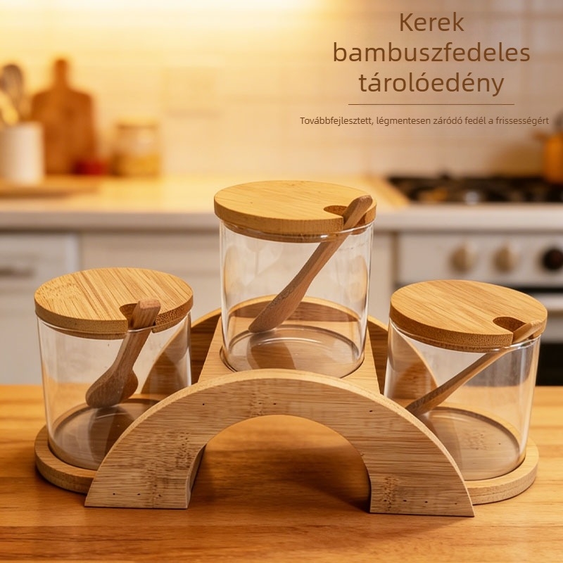 Három darabos üvegfűszertartó készlet bambuszfedőkkel és kanállal