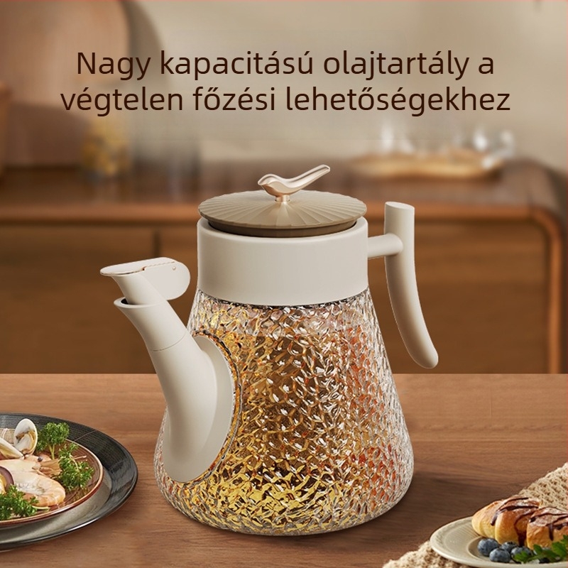Konyhai üveg olajtartó kanna mérőskálával; ízesítő üveg szójaszósz és ecet számára; automatikus nyitás-zárás
