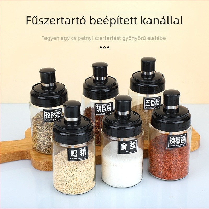 Üveg fűszertartó beépített kanállal és fedővel, nedvességzáró tömítés, só, MSG és csirkeleves-kivonat