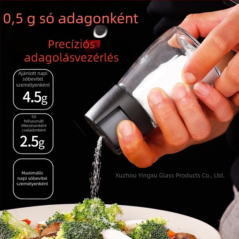 Üveg pressziós típusú fűszertartó — pontos sókontroll, por adagoló, konyhai mérőedény