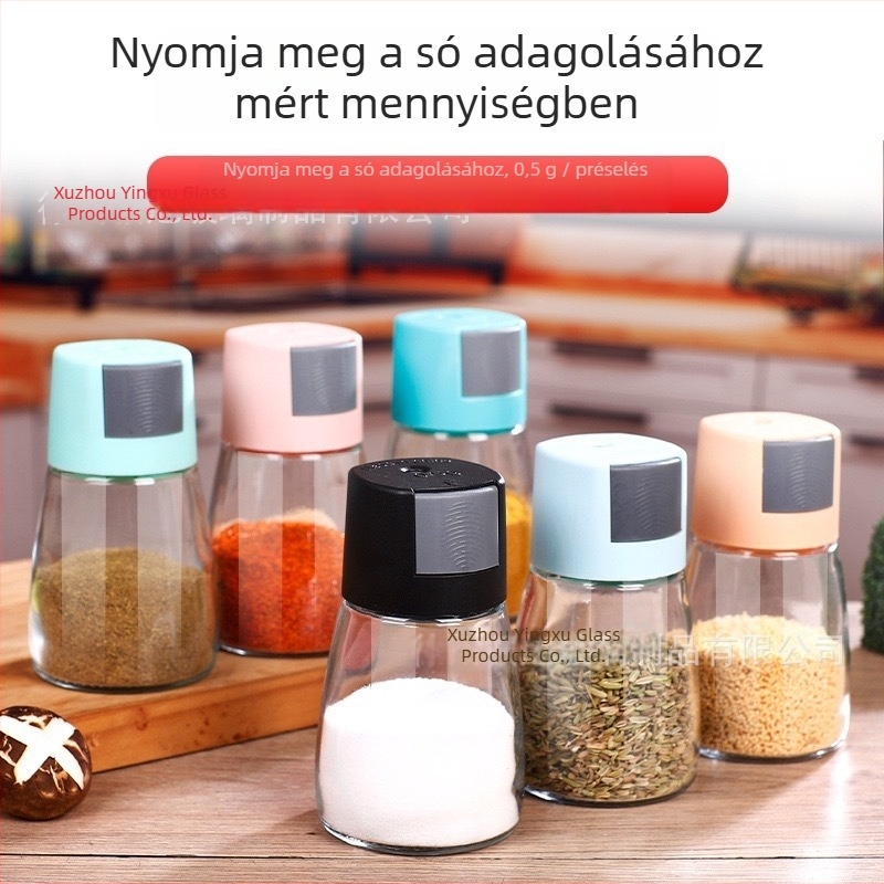 Üveg pressziós típusú fűszertartó — pontos sókontroll, por adagoló, konyhai mérőedény