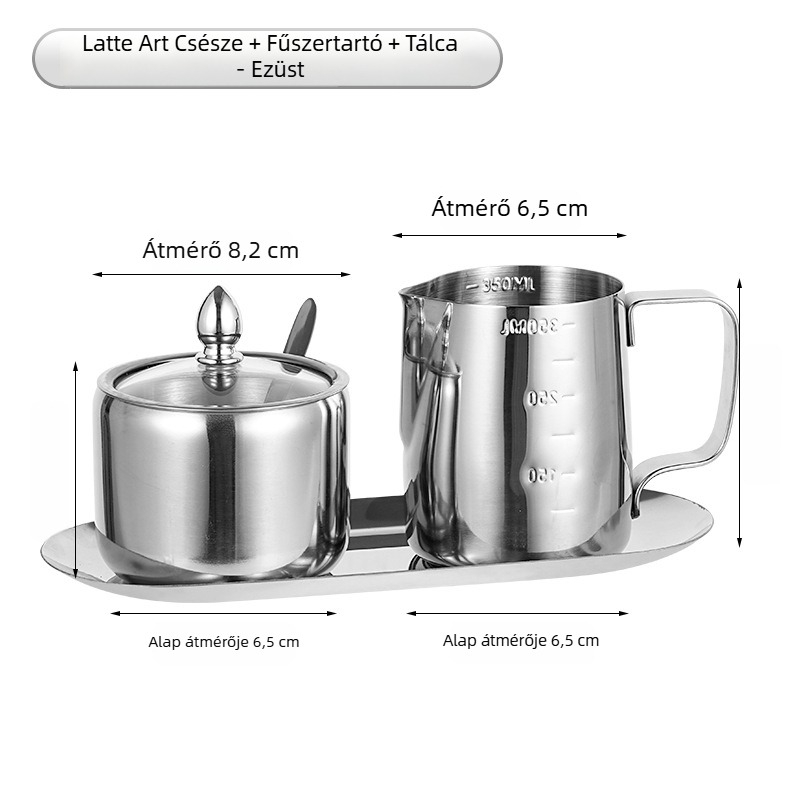 Rozsdamentes acél latte art pohár hegyes kifolyóval, mérőskálával, alappal és fűszerező tárolóval