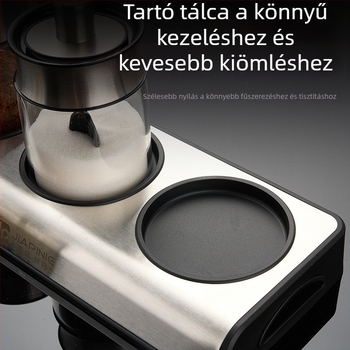 Fűszertartó készlet kanállal, nedvességálló üvegsó-tartó és borsos üveg a konyhához