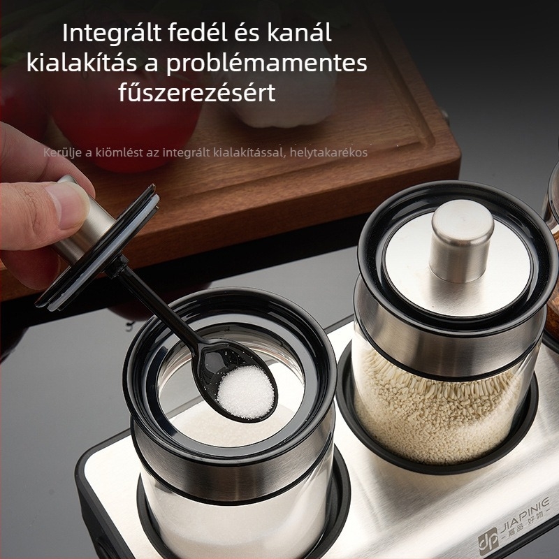 Fűszertartó készlet kanállal, nedvességálló üvegsó-tartó és borsos üveg a konyhához