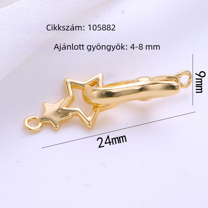 DIY ékszerzár: ötágú csillag, réz aranyozott felülettel, színálló, gyöngy nyaklánc- és karkötőhöz