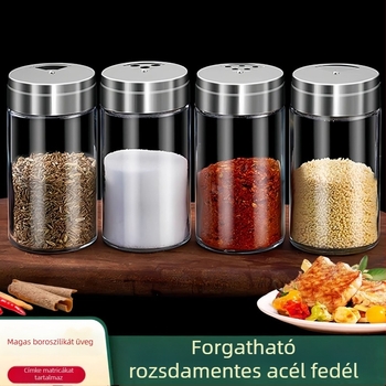 Magas hőálló boroszilikát üveg fűszer-tartó rozsdamentes acél fedővel, forgó perforált fedél grillsütéshez – bors és kömény