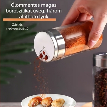 Magas hőálló boroszilikát üveg fűszer-tartó rozsdamentes acél fedővel, forgó perforált fedél grillsütéshez – bors és kömény