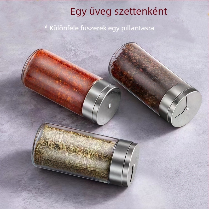 Magas hőálló boroszilikát üveg fűszer-tartó rozsdamentes acél fedővel, forgó perforált fedél grillsütéshez – bors és kömény