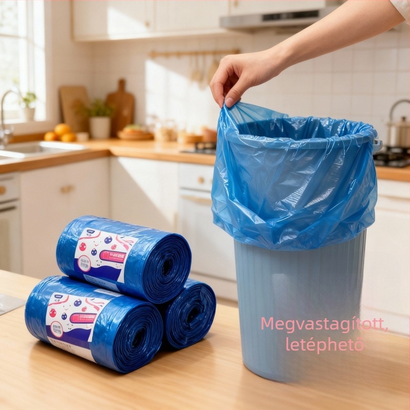 Háztartási PE szemeteszsákok vastagított kivitelben, sík szájú, színes, perforált, egyszer használatos