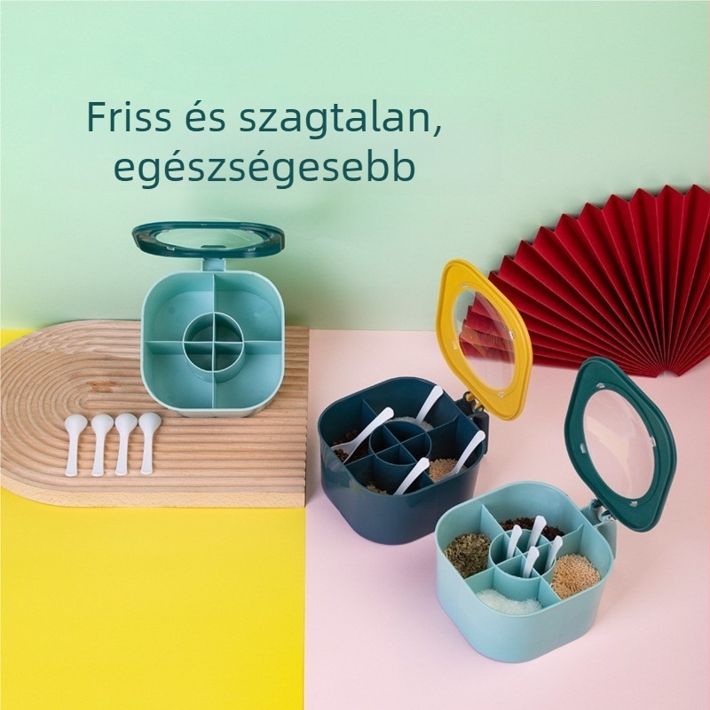 Négy rekeszes nedvességálló fűszertartó készlet otthoni konyhához; só, cukor és MSG tárolására.