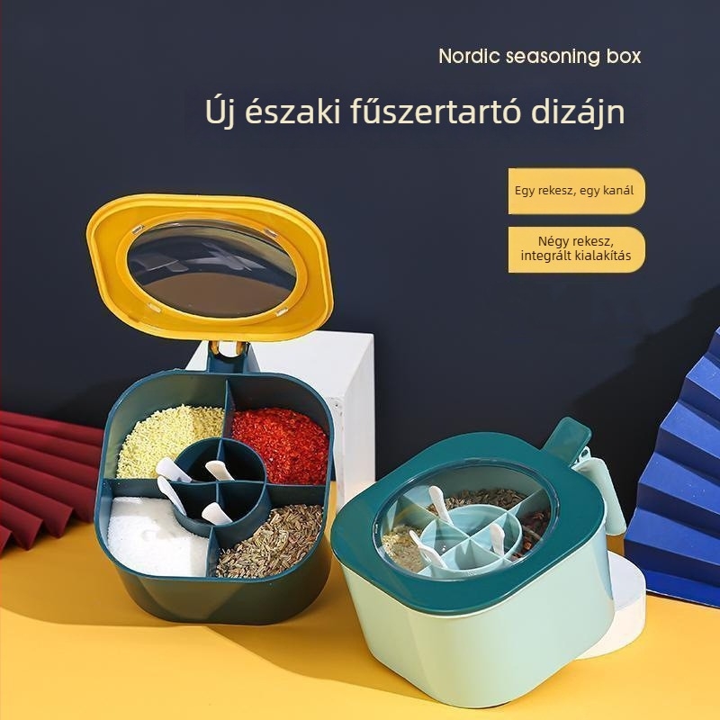 Négy rekeszes nedvességálló fűszertartó készlet otthoni konyhához; só, cukor és MSG tárolására.