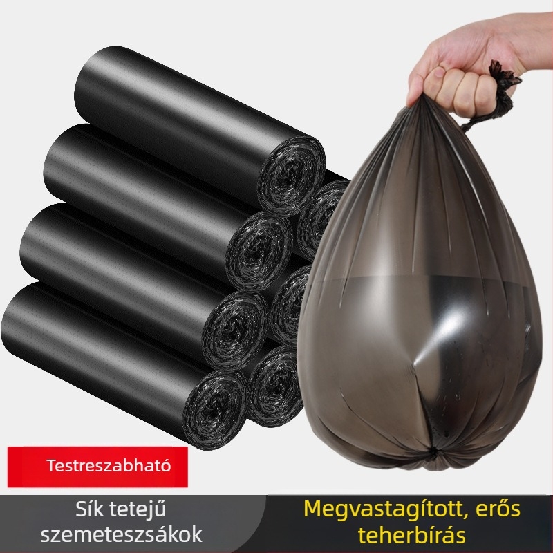 Vastagított háztartási egyszer használatos szemeteszsák, nagy méretű, sík szájú, színes és fekete, műanyag konyhai zacskó
