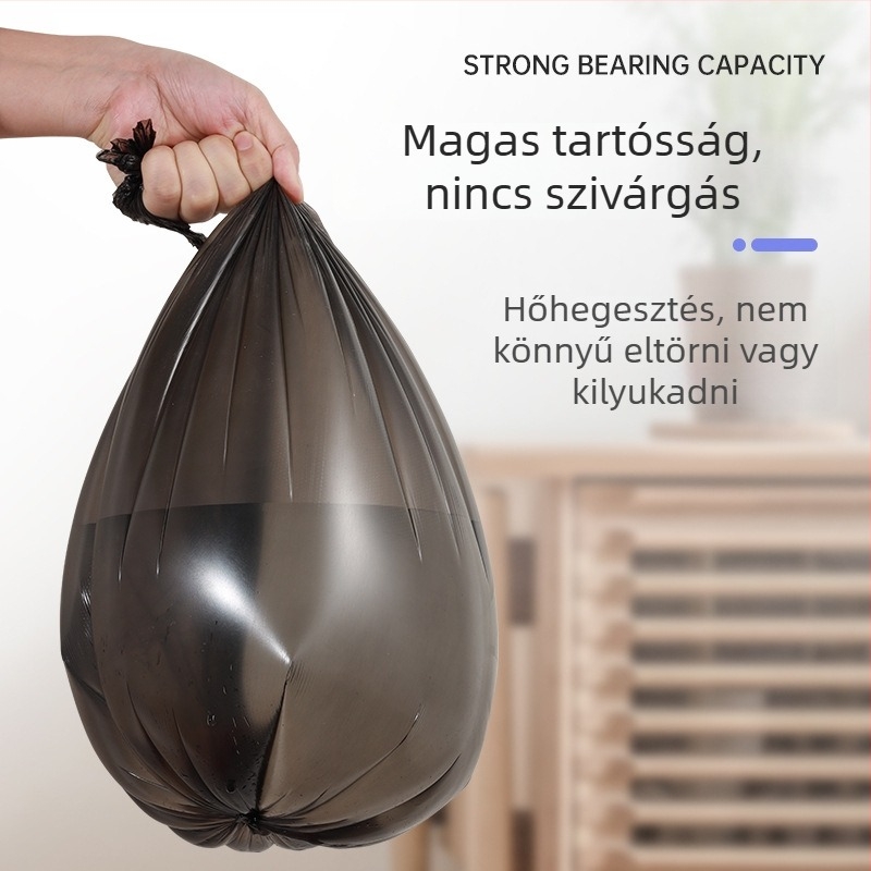 Vastagított háztartási egyszer használatos szemeteszsák, nagy méretű, sík szájú, színes és fekete, műanyag konyhai zacskó