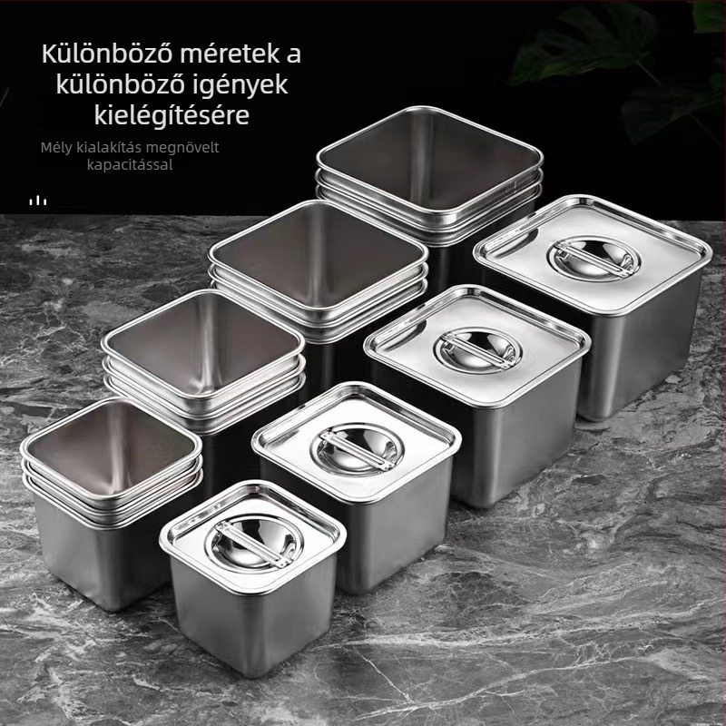 Négyzet alakú rozsdamentes acél fűszertartó fedővel, vastagfalú kivitel, szállodai és éttermi konyhai használatra