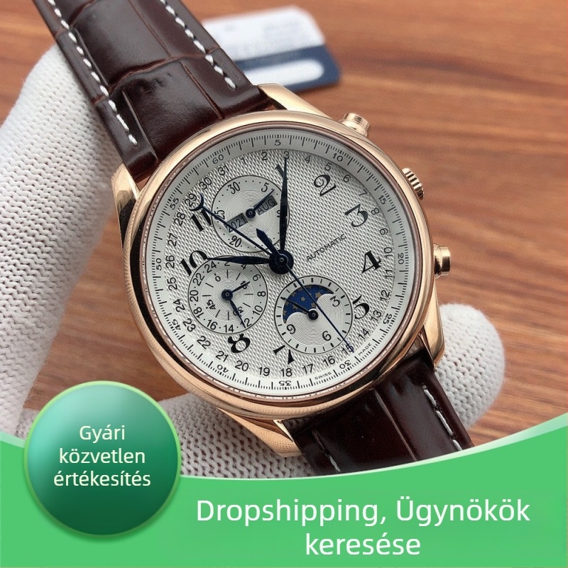Automatikus mechanikus férfi karóra, Famous Craftsman sorozat — holdfázis, naptár, bőr szíj, rozsdamentes acél tok, 44,5 mm