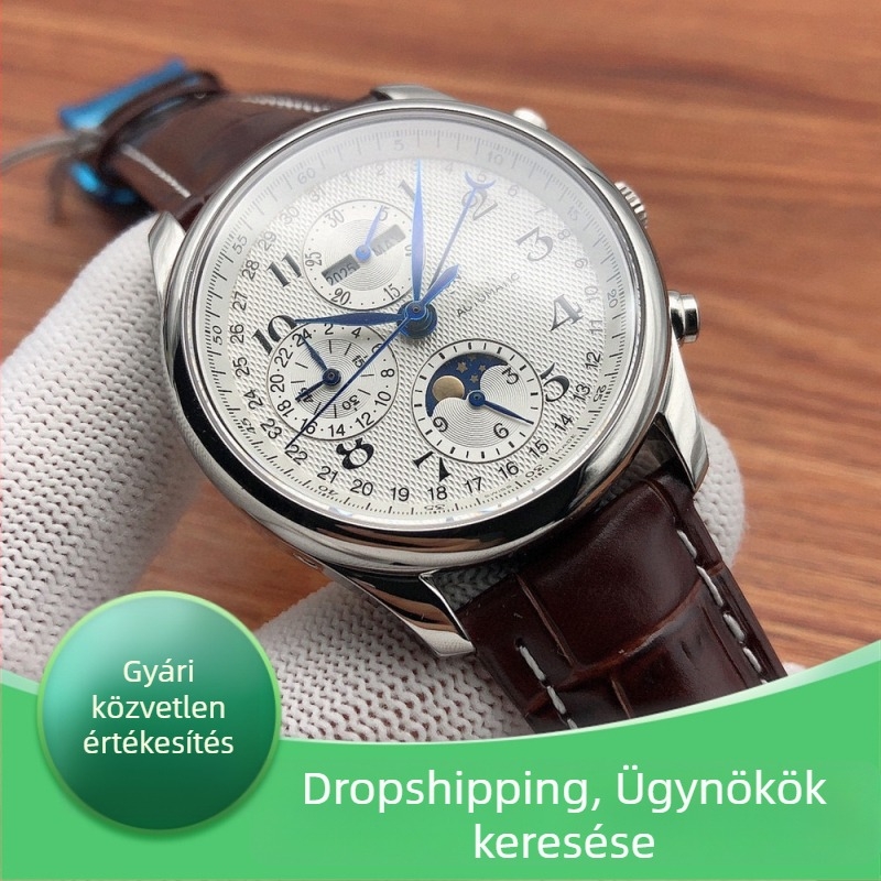 Automatikus mechanikus férfi karóra, Famous Craftsman sorozat — holdfázis, naptár, bőr szíj, rozsdamentes acél tok, 44,5 mm
