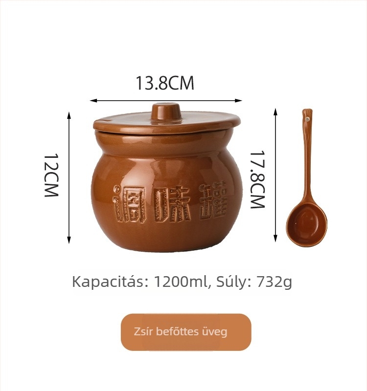 Nagy kapacitású kerámia fűszertartó kanállal és alátéttel, kínai stílusú