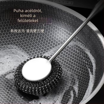 Rozsdamentes acél edénytisztító kefével hosszú nyéllel, akasztóval, acélszálas tisztítófej a konyhában, teljesen acélból, rozsdamentes