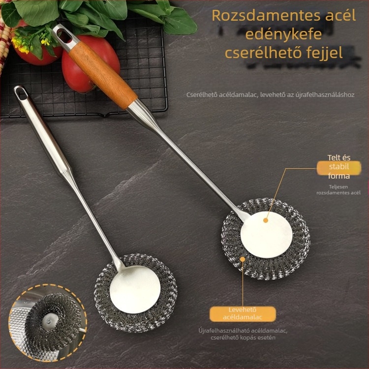 Rozsdamentes acél edénytisztító kefével hosszú nyéllel, akasztóval, acélszálas tisztítófej a konyhában, teljesen acélból, rozsdamentes