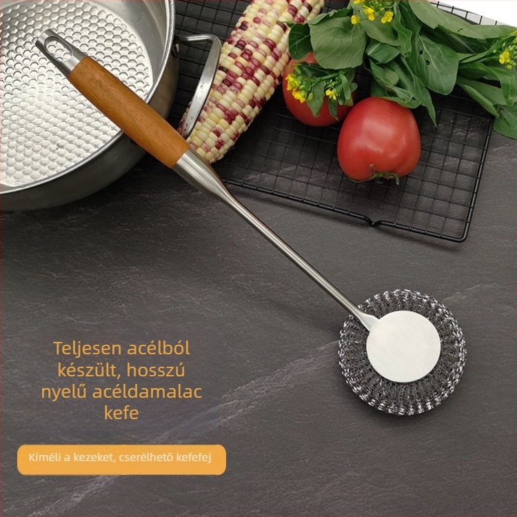 Rozsdamentes acél edénytisztító kefével hosszú nyéllel, akasztóval, acélszálas tisztítófej a konyhában, teljesen acélból, rozsdamentes