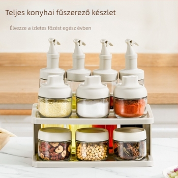 11 darabos fűszertartó készlet dupla rétegű konyhai tárolóállvánnyal, lezárva címkékkel, szójaszósz, ecet és egyéb fűszerek számára
