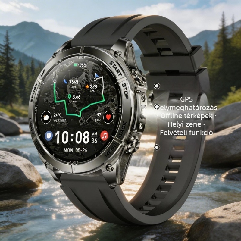 KM101 Okosóra offline térképpel, GPS-szel, helyi zenével és felvétellel, AMOLED kijelző, Bluetooth hívások, sportos óra