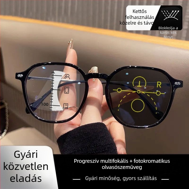 Női progresszív olvasószemüveg nagy kerettel, közelre és távolra, fotokróm lencsékkel, kékfény elleni védelemmel