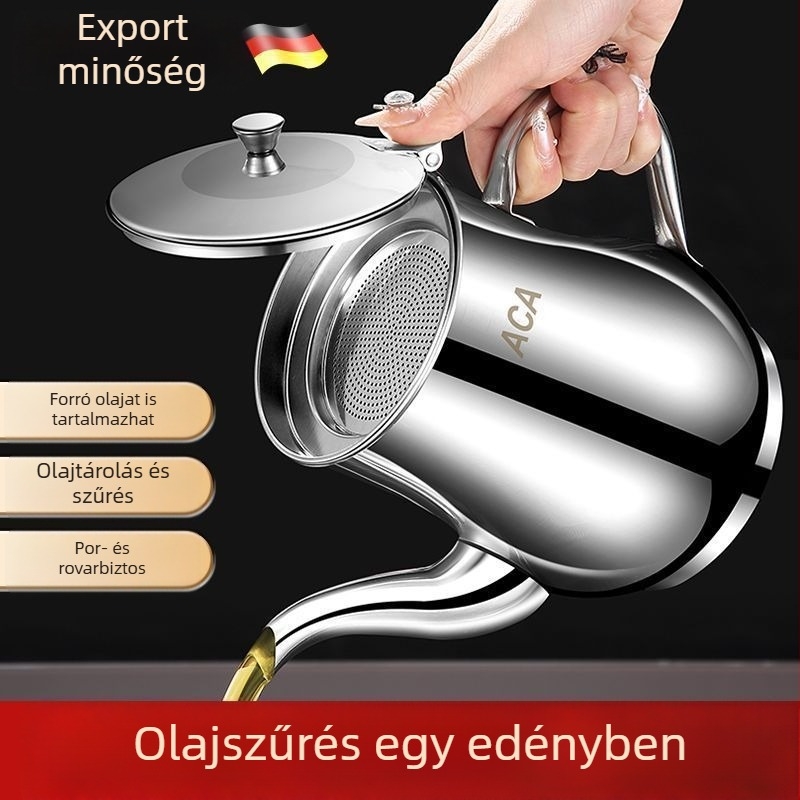 Vastagított rozsdamentes acél olajtartó a háztartási konyhához, élelmiszer-minőségű szűrővel
