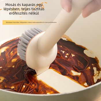 2-in-1 hosszú nyelű mosogatókefe spatulával, forgó fejű konyhai tisztító keféhez, amely nem karcolja meg az edényeket