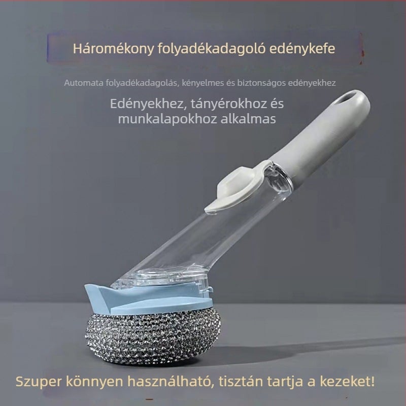 Hosszú nyelű edénytisztító kefe automatikus folyadékadagolással, acélhuzalos tisztítófej és PET-fej – többfunkciós, karcolódásmentes